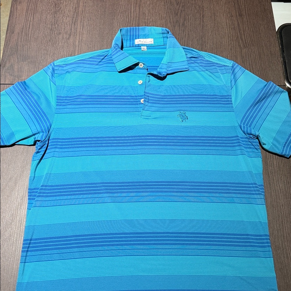 Peter Millar Plaza Blue Reynold's Stripe Polo Shirt W Embroidered Turtle SZ M